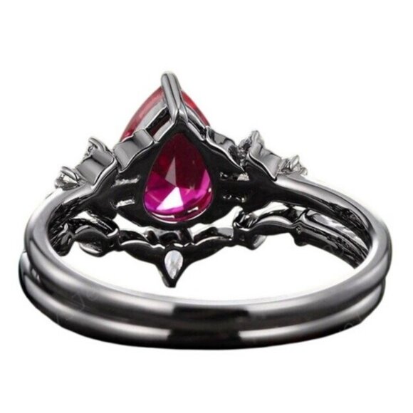 Pear Cut Ruby and Moissanite 2 piece Engagement Wedding Ring Set in Rhodium - Picture 5 of 6